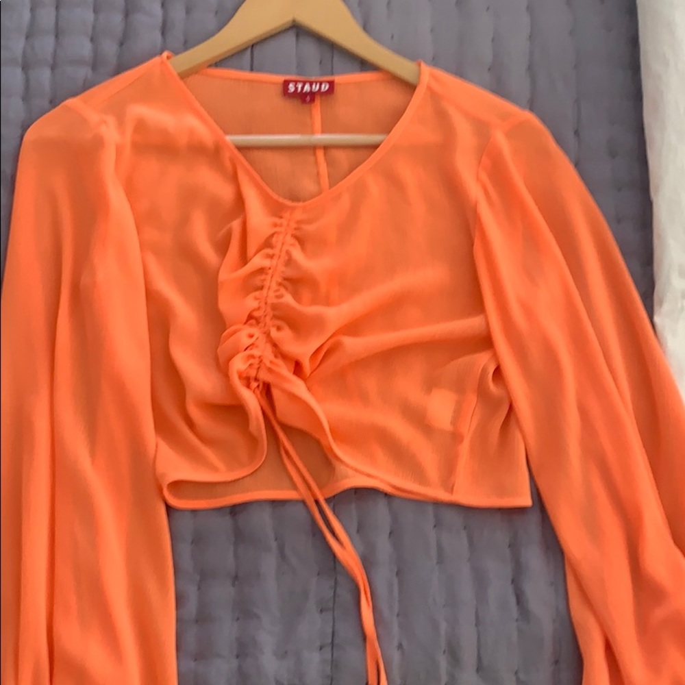 STAUD ruched front/crop sheer blouse